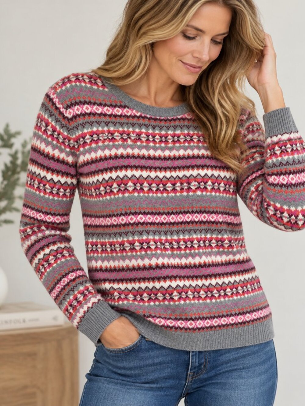 Talbots Med Lambswool Blend Fair Isle Sweater Gray Pink Nordic Preppy Ski 1463